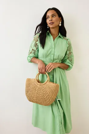 Wallis Womens Cotton Lace Belted Shirt Dress - Green - Size 16 UK