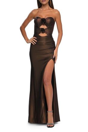 La Femme Cut Out Strapless Prom Dress with Rosette Front Detail in Bronze at Nordstrom, Size 00