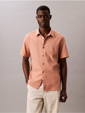 Calvin Klein Mens Linen Cotton Short Sleeve Classic Button-Down Shirt - Orange - 2XL