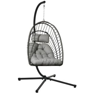 OUTSUNNY Silla Colgante De Rat&aacute;n Sint&eacute;tico Con Coj&iacute;n, Asiento Plegable Y Estructura De Acero, Color Gris
