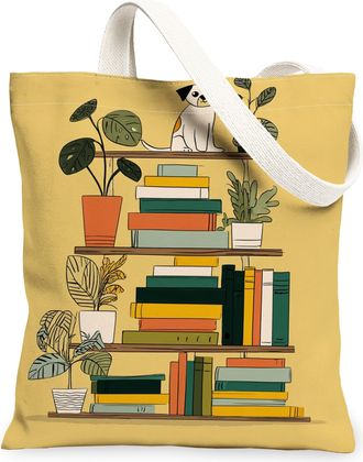 Generic Modern Yellow Canvas Tote Bags, Book Shelf Plant Design Reusable Shopping Bags, Summer Lightweight Washable Shoulder Strap, Yellow, 13x15 Inch