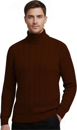 Janisramone Mens High Polo Roll Neck Jumper, Long Sleeve Cable Knitted Pullover Winter Jumpers for Men UK, Casual Turtle Neck Sweaters Brown