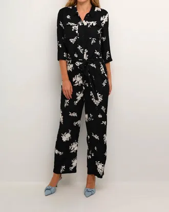 Kaffe Rutie Three Quarter Sleeve Jumpsuit In Black White Flower Print