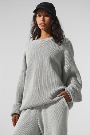 Alo | Domain Rib Knit Crewneck Sweater Top in Athletic Heather Grey, Size: Large