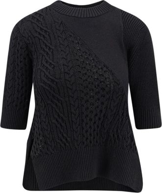sacai Zwart Cable Knit Sweater - Dames - Ronde hals truien - Zwart - L - Katoen - Truien & Vesten