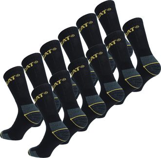 CAT Caterpillar 12 Pairs Mens Work Socks Accident Prevention Reinforced Heel and Toe Cotton Sponge (Black, 11-14)