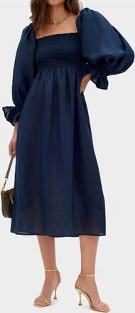 Sleeper Atlanta Puff Long Sleeve Linen Midi Dress In Navy