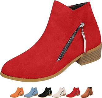Generic Womens Suede Chunky Heel Walking Ankle Boots with Side Zipper, Wide Fit Pointed Toe Low Heel Shoes Comfortable Non-Slip Walking Boot (7.5,Red)