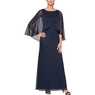 S.L. Fashions Cape Overlay Glitter Mesh Gown in Navy at Nordstrom, Size 10P
