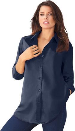 Roaman's Plus Size Kate Long Sleeve Easy Cotton Blend Button Front Shirt in Navy at Nordstrom, Size 14