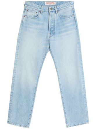 デニム・ジーパン Valentino Garavani Light Blue Straight Jeans Valentino Garavani Denim Pants With Embossed Vlogo Signature