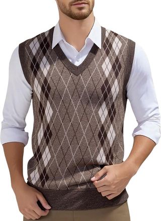 Generic Mens Diamond Pattern Sleeveless Sweaters - V Neck Sleeveless Jumpers Men Fall Winter Comfortable Knitted Gilets Business Loose Fit Slipover