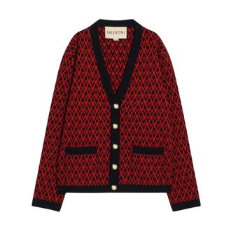 Valentino V Logo Jacquard Cardigan - Heren - Vesten - Rood - M - Truien & Vesten