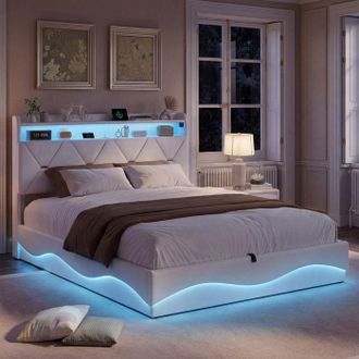 OEM Cama Con Arc&oacute;n - Cama Doble 140x200 Cm - Terciopelo Beige - Arc&oacute;n Hidr&aacute;ulico 81 Cm - Led Multicolor Y Estaci&oacute;n Usb-c