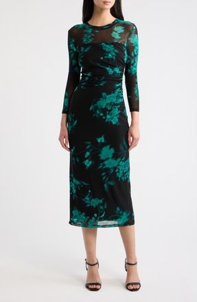 Anne Klein Floral Print Mesh Midi Dress in Deep Jade Multi at Nordstrom, Size X-Large