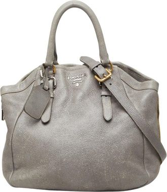 Prada Silver Gray Leather Shoulder Bag Tote Bag (Pre-Owned)