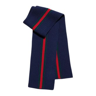 Gucci Rib Wollen Sjaal met Web - unisex - Accessoires - Blauw - Maat: ONE Size Wol