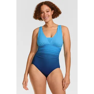 Lands End D-Cup Slender Grecian Tummy Control Chlorine Resistant One Piece Swimsuit in Teal Ombre at Nordstrom, Size 10