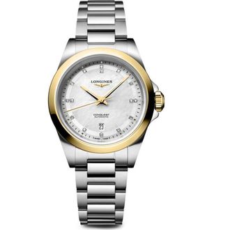 Longines Conquest 18K Gold Bezel, Mother-of-Pearl & Diamond Automatic Bracelet Watch, 30mm in White Mother-Of-Pearl at Nordstrom