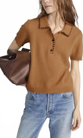 Frame Denim Leather Stitch Polo Top In Camel