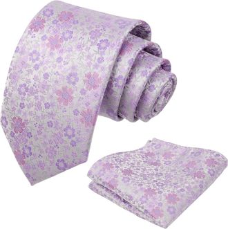 Alizeal Mens Floral Necktie with Pocket Square for Wedding Party Tie and Handkerchief Set, Lilac