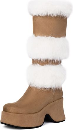 Generic Womens Wedge High Heel Platform Boots Round Toe Faux Suede Long Boots Pull on Winter Casual Boot,Apricot,5.5 UK