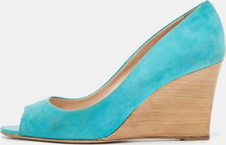 Tod's Tods Blue Suede Peep Toe Wedge Pumps