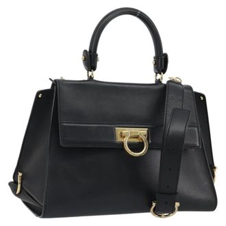 Ferragamo Sofia Satchel Smooth Leather Black Leather Handbag (Pre-Owned)