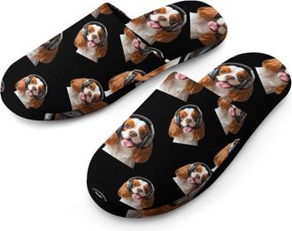 Generic Spaniel Dog Music Headphones Flannel Mens Slip-on Slippers Winter Warm House Shoes with Rubber Sole for Home Hotel