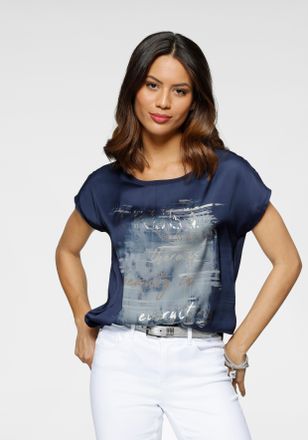 Laura Scott Shirtbluse LAURA SCOTT, Damen, Gr. 34, blau (marine, grau), Web, Obermaterial: 100% Polyester. R&uuml;ckenteil: 95% Viskose, 5% Elasthan, bedruckt, metalli