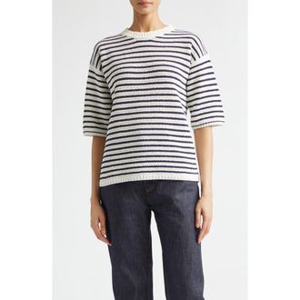Bottega Veneta Stripe Cotton Pointelle Sweater in 9123 Chalk/midnight at Nordstrom, Size Medium