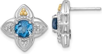 Diamond2Deal Sterling Silver Rhodium-plated with 14k Accent Round London Blue Topaz Flower Stud Earrings