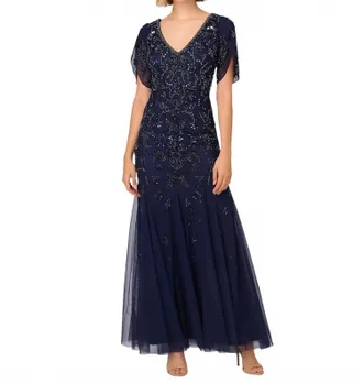 Adrianna Papell Beaded Petal-Sleeve Mermaid Gown In Light Navy