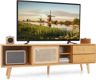 Costway Costway Mueble De Tv De Bamb&uacute; Para Tv De Hasta 65 Pulgadas, Mesa De Consola Con Puertas De Cristal Y Pe Rattan, Gabinete De Tv Con 2 Cajones Y Puertas