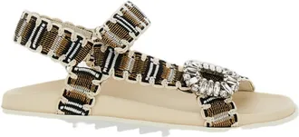 Roger Vivier Multicolored Woven Flat Sandals with Crystal Embellishment