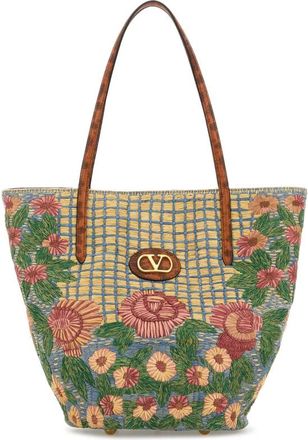Valentino Garavani Embroidered Raffia Vlogo Signature Shopping Bag