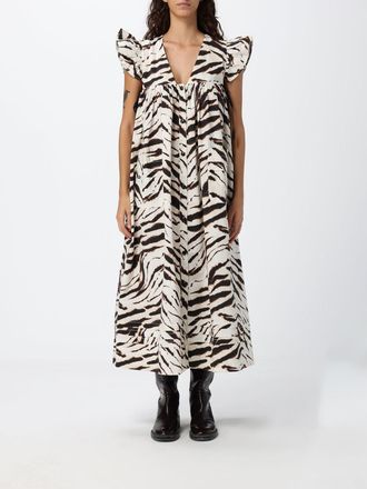 Ganni Zebra-Print V-Neck Sleeveless Midi Dress in Organic Cotton