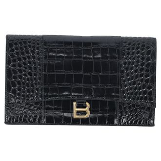 Balenciaga Pre-owned Womens Hourglass Croc-Embossed Flat Clutch Bag in Black Calf Leather - One Size