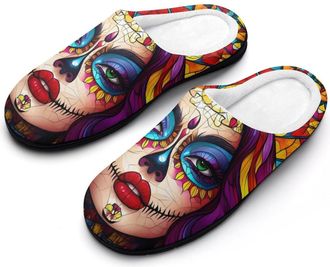 Generic Day of The Dead Floral Skull Goth Mens Slippers Comfortable And Non-slip Cotton Slipper Shoe for House