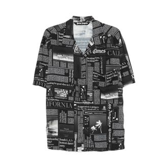 Palm Angels Short Sleeve Shirts, male, Multicolor, Size: XL Newspaper Print Collared Shirt