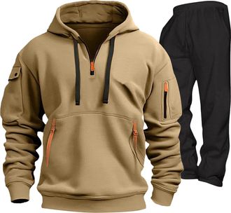 Generic Mens Tracksuits 2 Piece Casual Outfits Quarter Zip Pullover Hoodie Jogging Bottom Suit Hooded Sweatshirt Joggers Sweatpants Sweatsuit Set Khaki