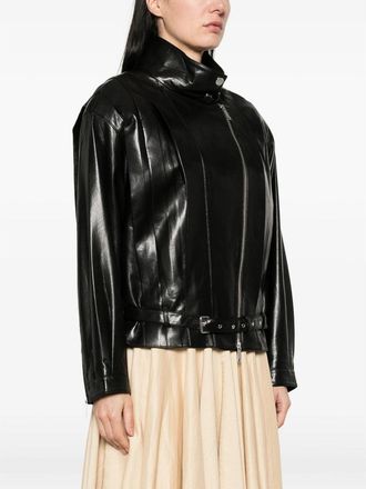 Self Portrait Pleated Collar Faux Leather Jacket - Black
