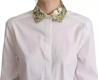 Dolce & Gabbana White Cotton Collared Long Sleeves Sequin Top Womens Shirt (Pre-Owned)