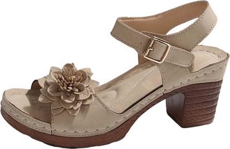 Generic Womens Mid Block Heels Ladies Sandals Slip-On Smart Womens Flower Sandals Chunky Open Toe Shoes Vintage Roman Walking Footwear With Buckle Strap Pumps