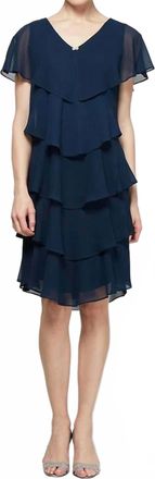 S.L. Fashions Tiered Flounce Chiffon Dress In Navy