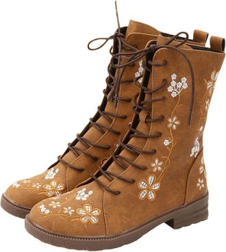 Generic Lace Up Boots Women Winter Floral Embroidered Combat Boots Side Zip Vintage Boho Flower Design Leather Chunky Mid Calf Boot Waterproof Non Slip Walkin