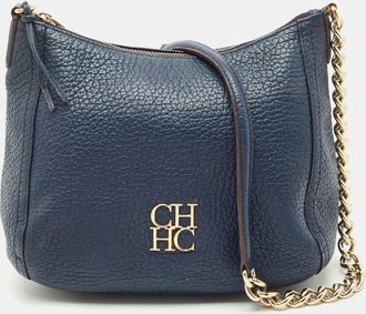 Carolina Herrera Navy Blue Leather Maria Shoulder Bag