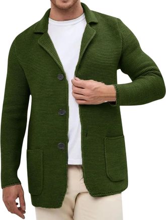 Generic Mens Knit Blazer Cardigan Sweater Casual Slim Fit Knitted Sweater Classic Autumn Long Sleeve Sweater, Army Green, Large