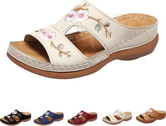 Generic Summer Slippers Women Slip on Sandals for Women UK Womens Orthopedic Shoes Comfy Sliders Summer Flat Leather Sandals Embroidery Flower Low Wedge Open 