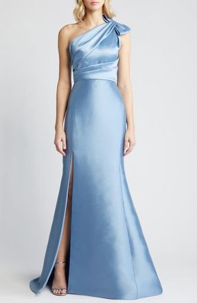 Amsale Bow Detail One-Shoulder Mikado Mermaid Gown in Smokey Blue at Nordstrom, Size 14
